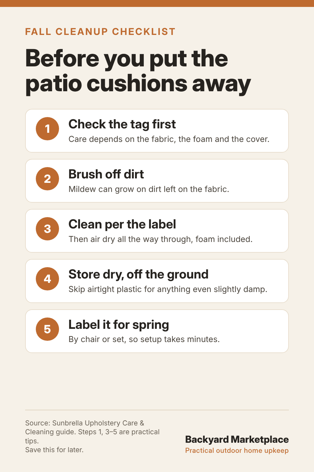 Infographic: Before you put the patio cushions away, five steps: check the tag, brush off dirt, clean per the label then air dry, store dry and off the ground, label it for spring
